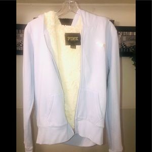 Victoria Secret PINK Faux Fur lined zip up Hoodie. xtra small. Soft Lavender.